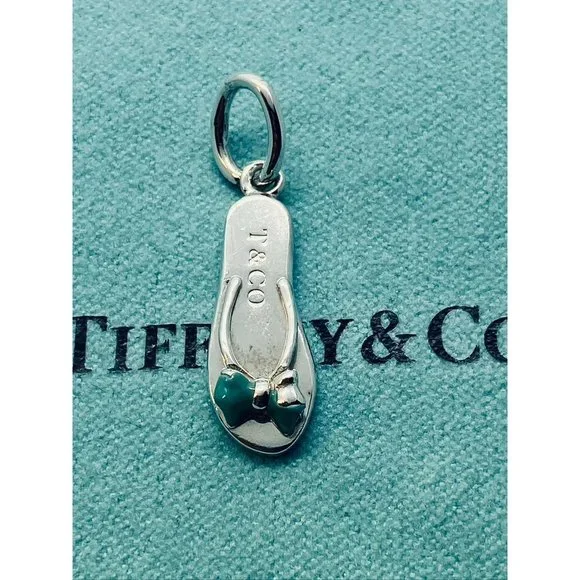 Tiffany & Co. Flip Flop Blue Enamel Pendant Charm Sandal Sterling Silver Pouch